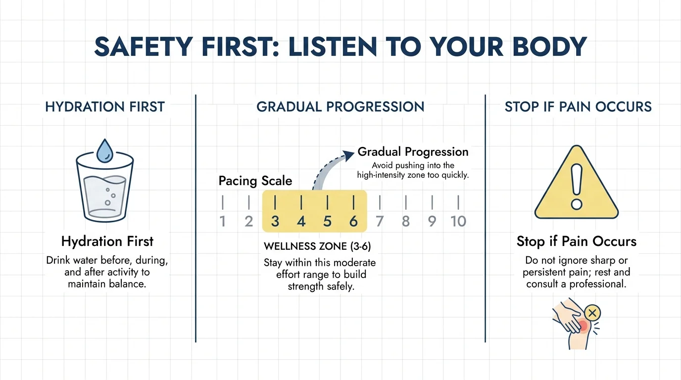 An infographic diagram showing safety tips like hydration, gradual pacing, and listening for pain cues.