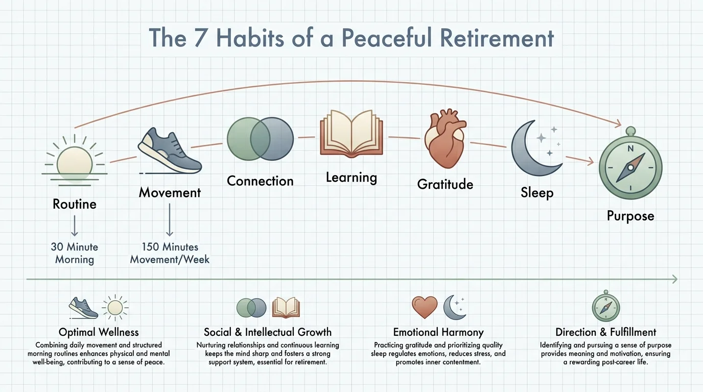 An infographic diagram showing the seven daily habits for a peaceful retirement with icons and labels.
