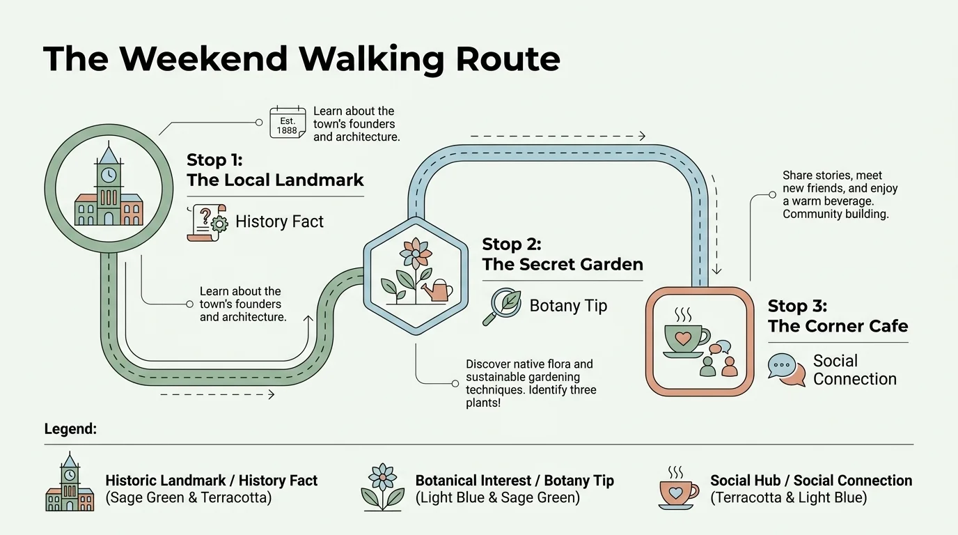 An infographic map of a walking route with stops for local history, nature, and socializing at a cafe.