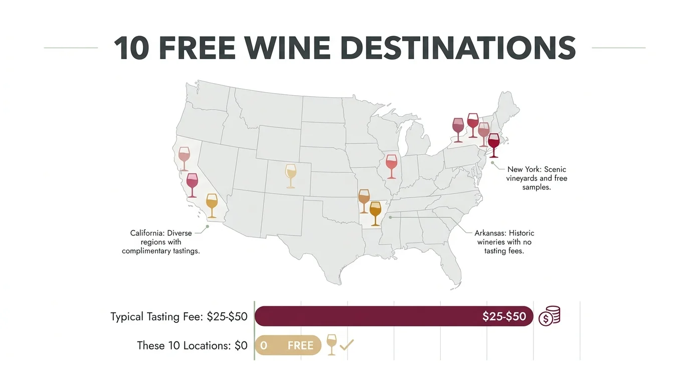 An infographic map of the US showing 10 wine locations and a chart comparing standard fees to these free options.