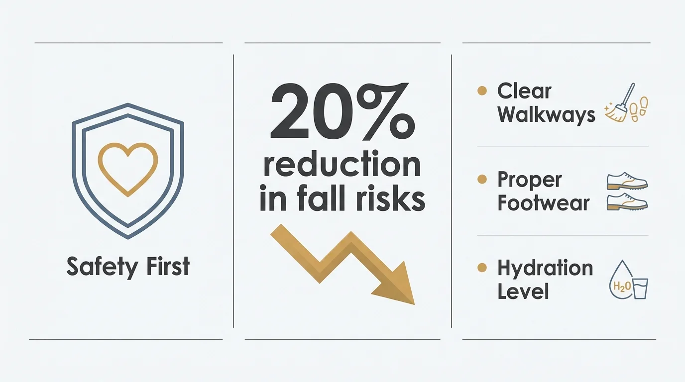 An infographic showing a 20 percent reduction in fall risks and a safety checklist for seniors.