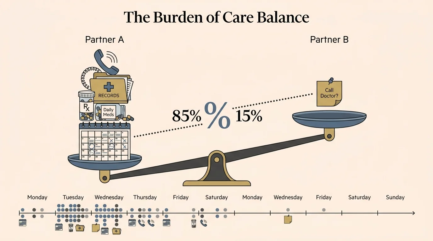 An infographic showing a balance scale where one side is heavily weighed down by medical folders and calendars.