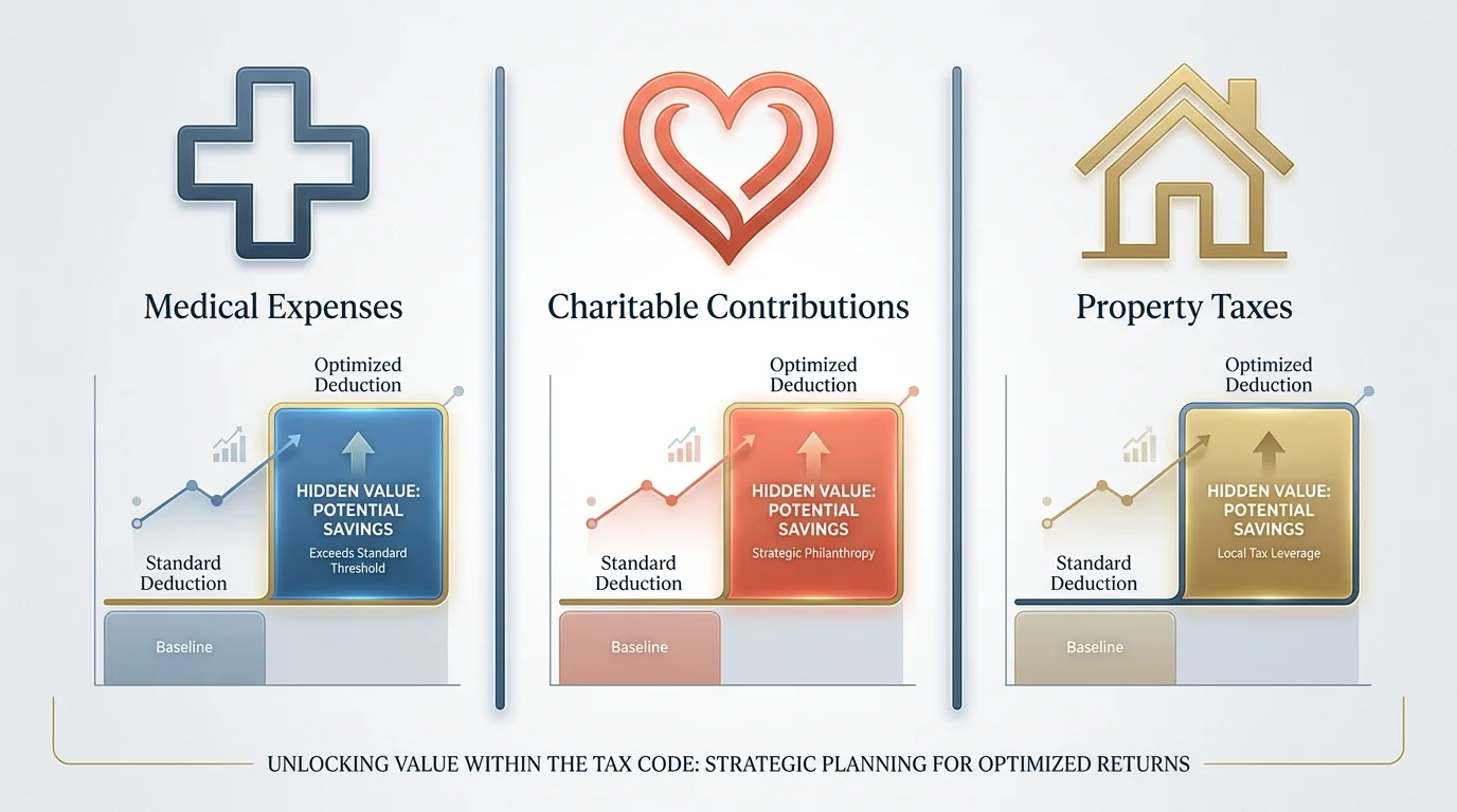 An infographic showing icons for medical, charitable, and property tax deductions.