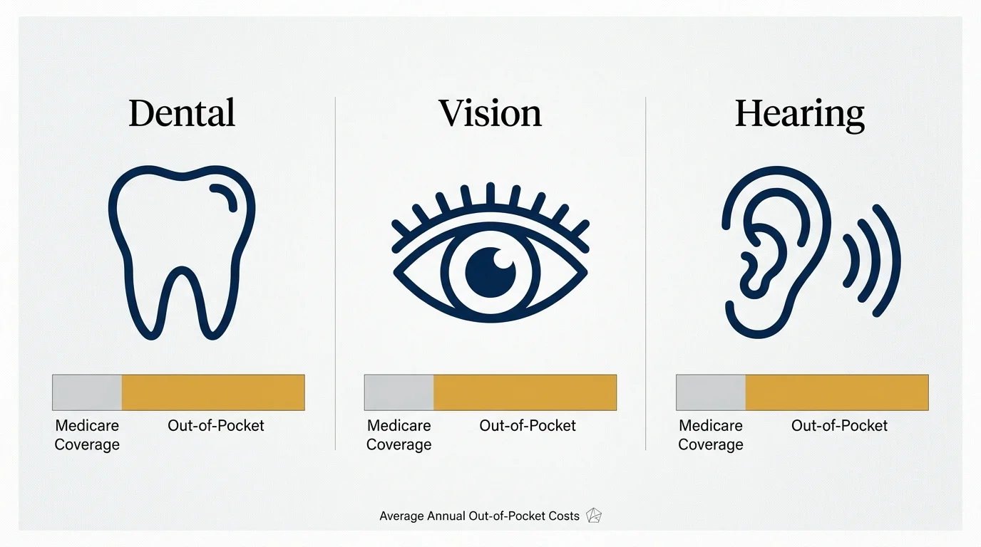 An infographic showing that dental, vision, and hearing care are largely out-of-pocket expenses not covered by Medicare.