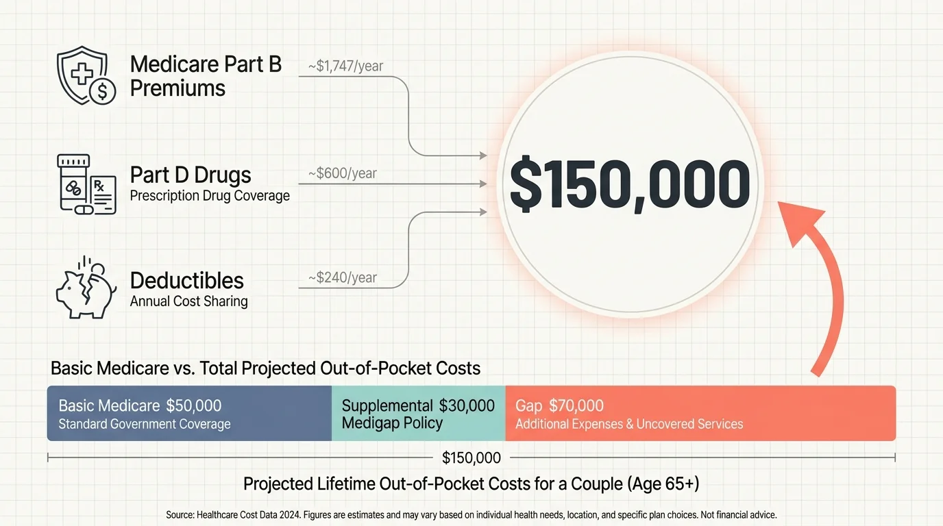 An infographic showing the $150,000 healthcare estimate for retirees with icons for Medicare parts and a bar chart of costs.
