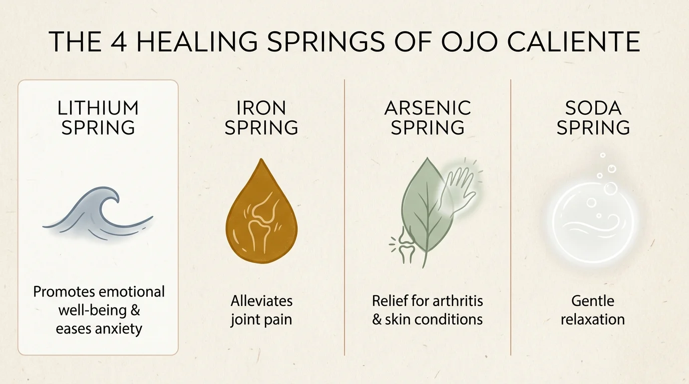 An infographic showing the benefits of four different mineral springs: Lithium for mood, Iron for joints, Arsenic for arthritis, and Soda fo