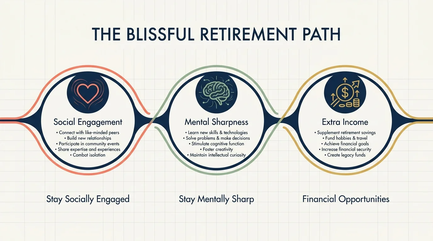 An infographic showing the 'Blissful Retirement Path' with icons for social engagement, mental sharpness, and income.