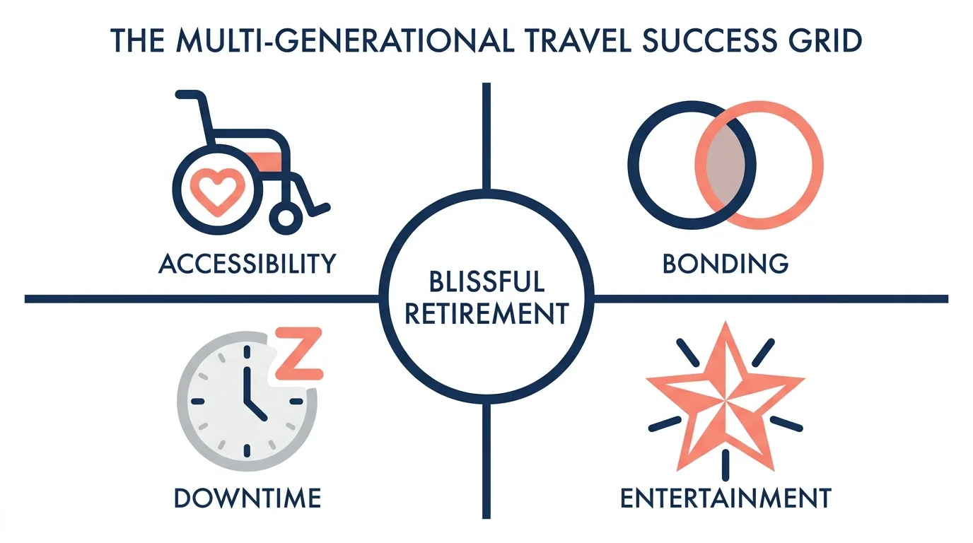 An infographic showing the four pillars of successful family travel: Accessibility, Bonding, Downtime, and Entertainment.