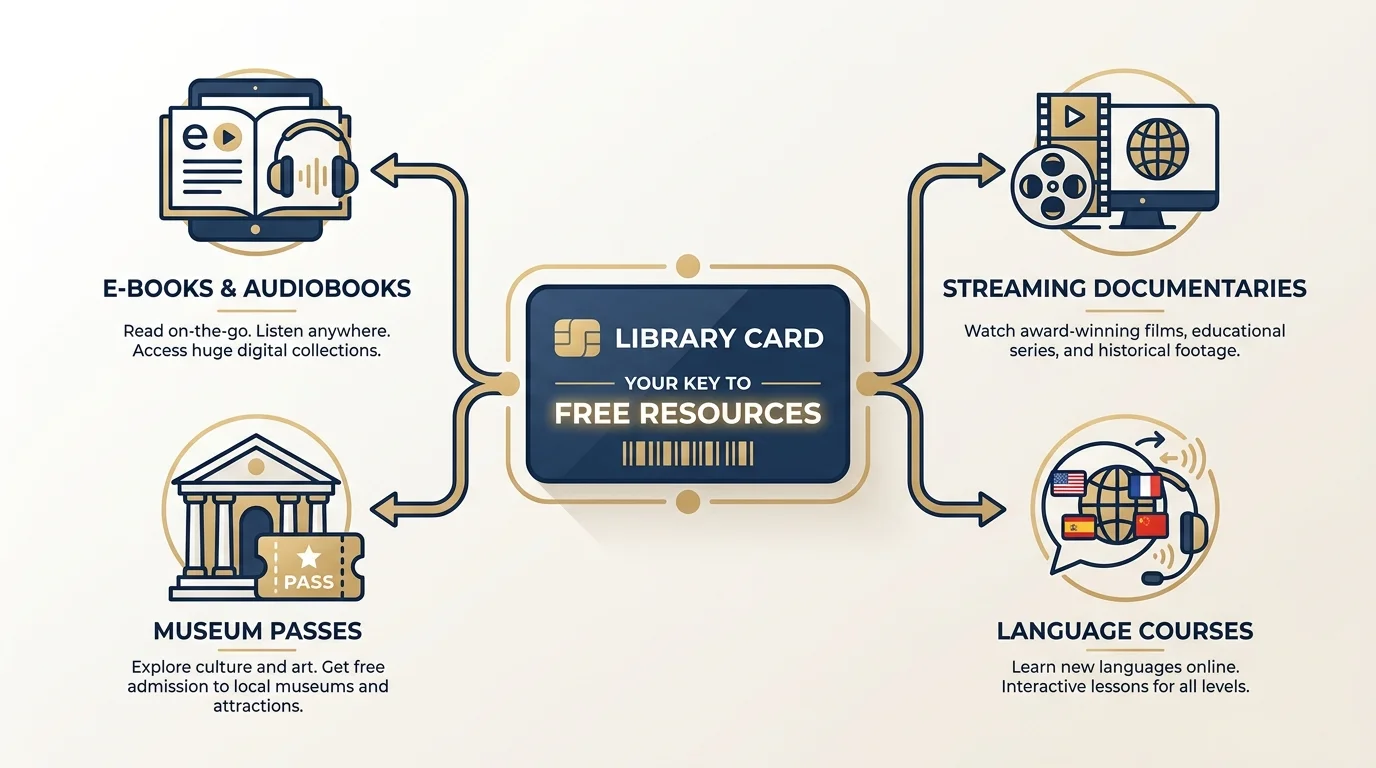An infographic showing the many free resources available through a local library card, including ebooks and museum passes.