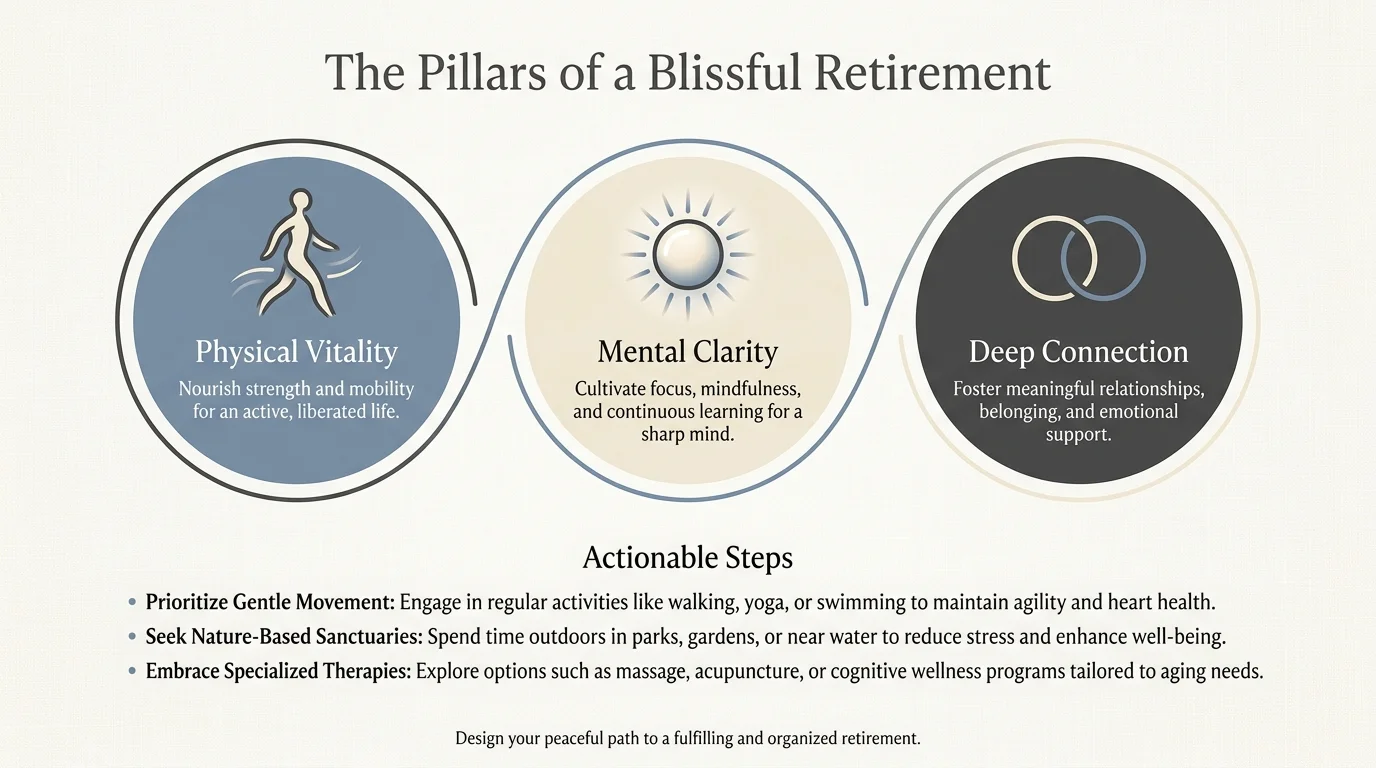 An infographic summarizing the pillars of a blissful retirement: physical vitality, mental clarity, and deep connection.