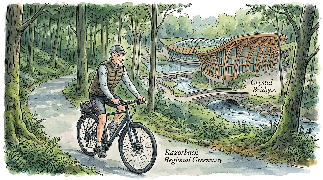 An ink and watercolor illustration of a cyclist on a paved forest trail leading toward a modern glass and wood art museum.