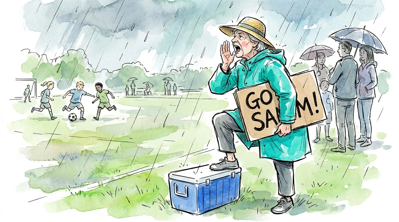 An ink and watercolor illustration of a grandmother enthusiastically cheering from the sidelines of a sports field with a handmade sign.
