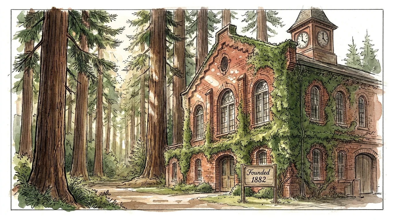 An ink and watercolor illustration of a historic brick winery building surrounded by tall redwood trees with the text 'Founded 1882'.