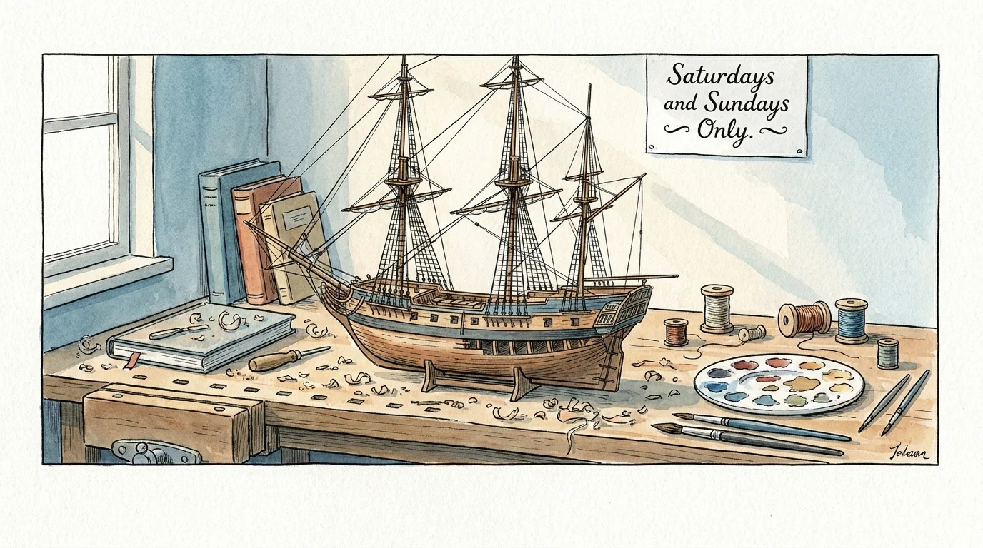An ink and watercolor illustration of a hobbyist's workbench with a model ship and a sign that says 'Saturdays and Sundays Only'.
