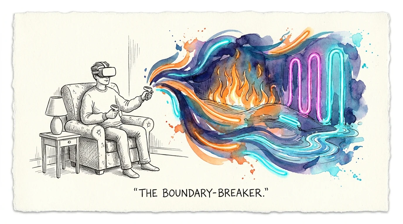 An ink and watercolor illustration of a man in an armchair using VR to create glowing, colorful digital art in his living room.