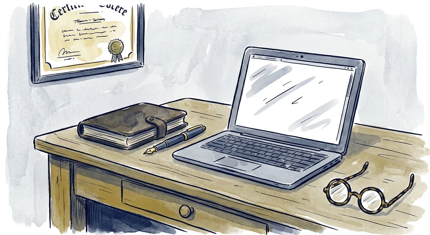 An ink and watercolor illustration of a modern workspace with a laptop, pen, and glasses.