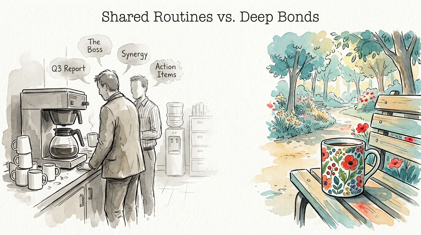 An ink drawing showing an office coffee station fading into a colorful park scene, illustrating the shift from work to retirement.