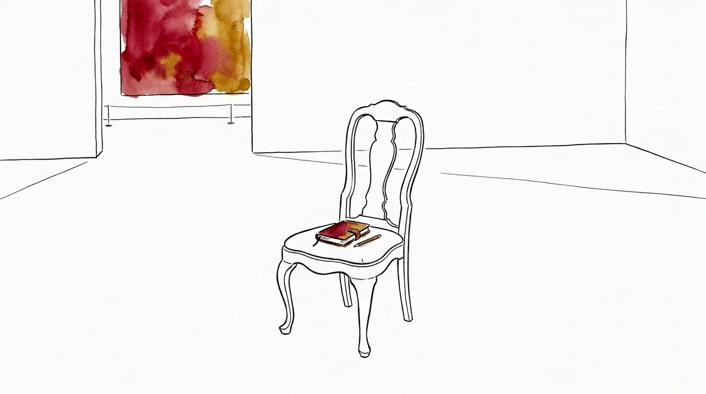 An ink sketch of a lone chair in an art gallery with a journal, symbolizing a solo creative outing.