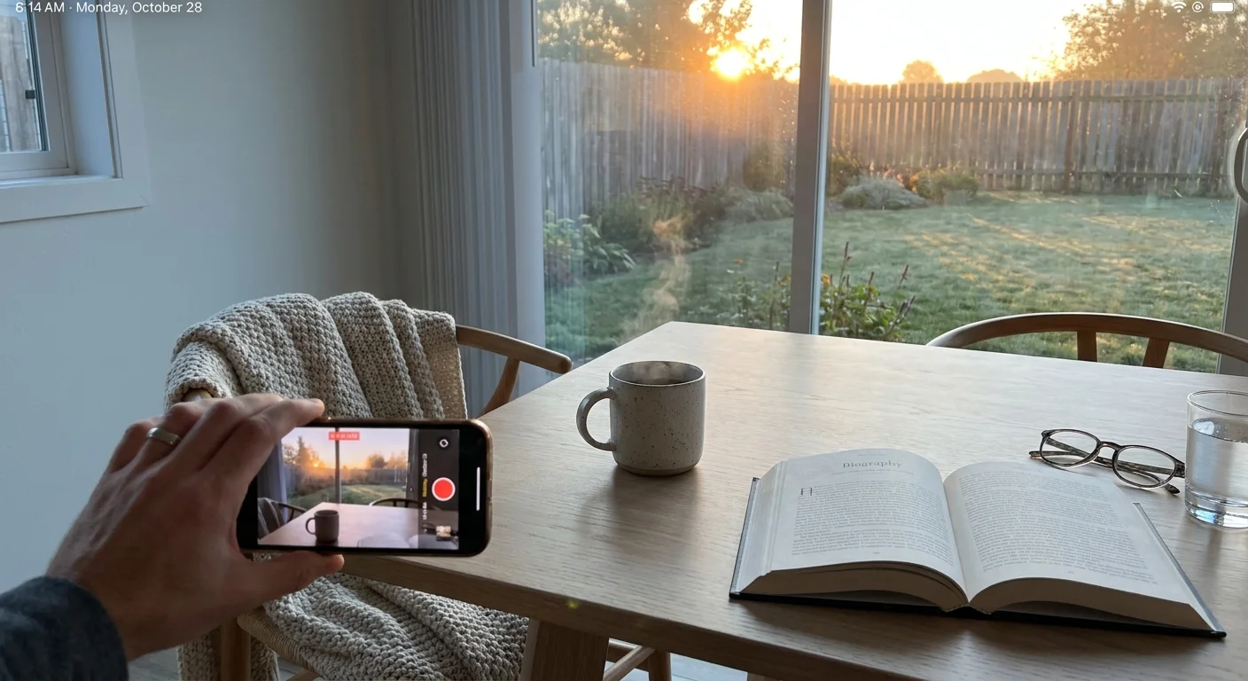 An iPhone-style photo of a morning coffee, an open biography book, and reading glasses on a table as the sun rises outside.
