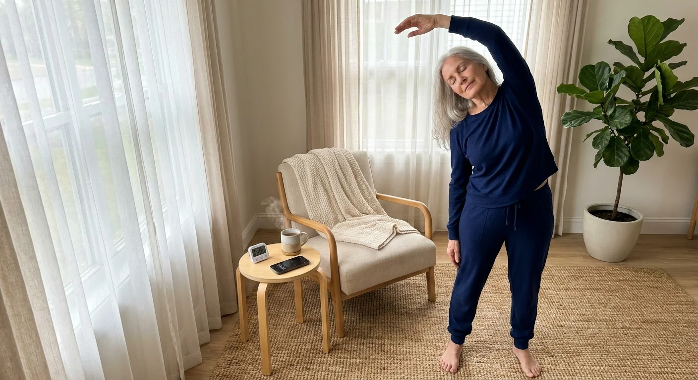 An older woman stretching in her sunlit living room next to a cup of tea and a timer.