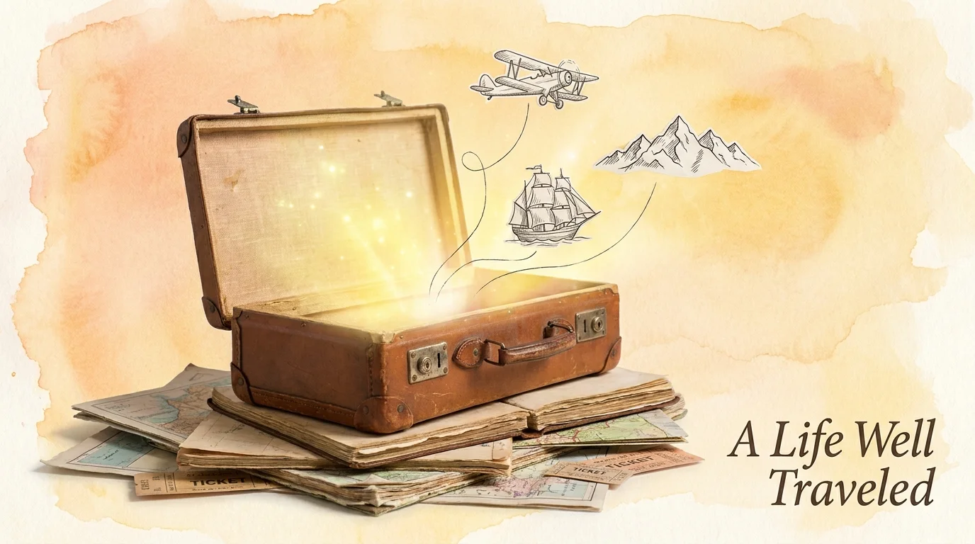An open suitcase filled with glowing light and travel symbols, representing a fulfilled retirement.