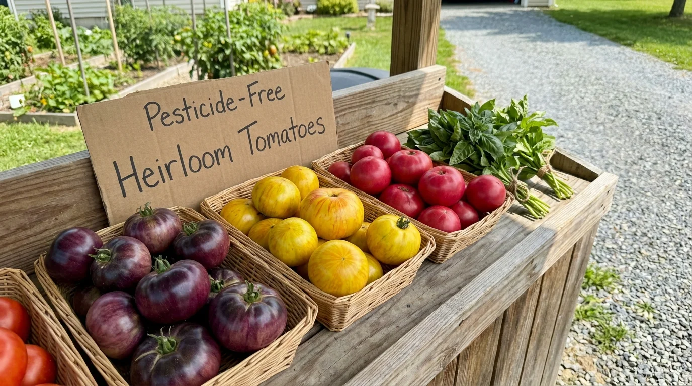 Baskets of colorful heirloom tomatoes and fresh basil on a wooden stand with a 'Pesticide-Free' sign.