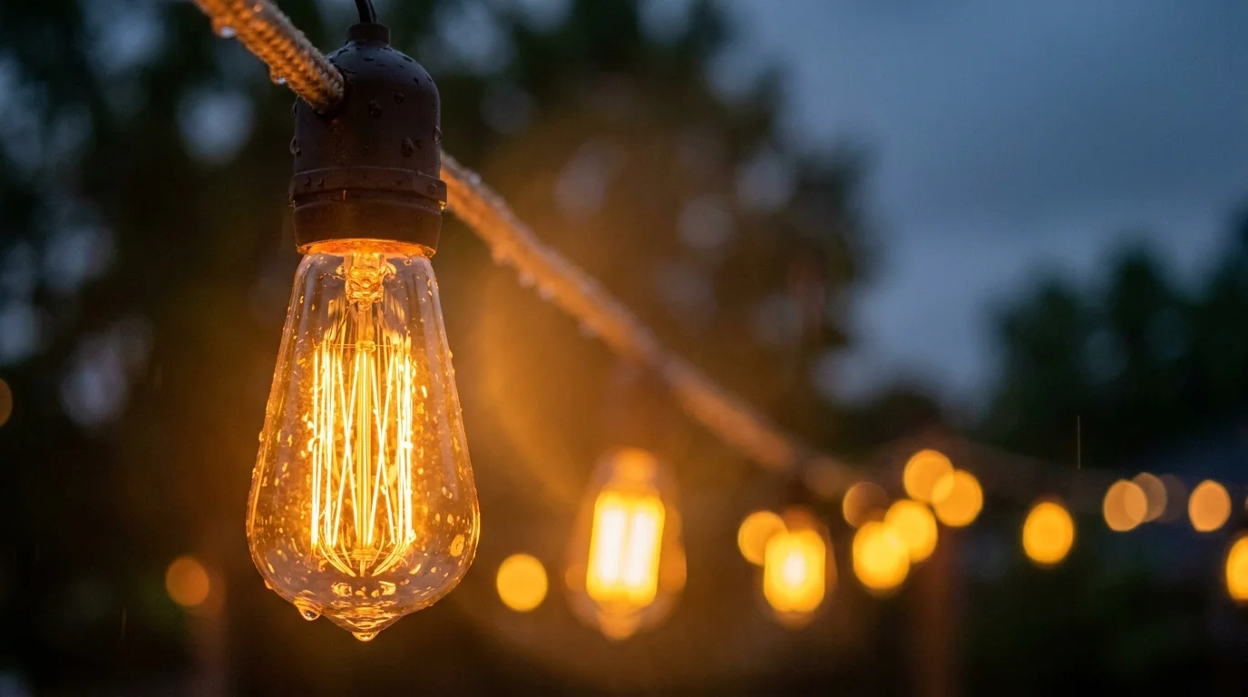 Close-up of a glowing Edison bulb on a string of outdoor lights against a dark night sky.