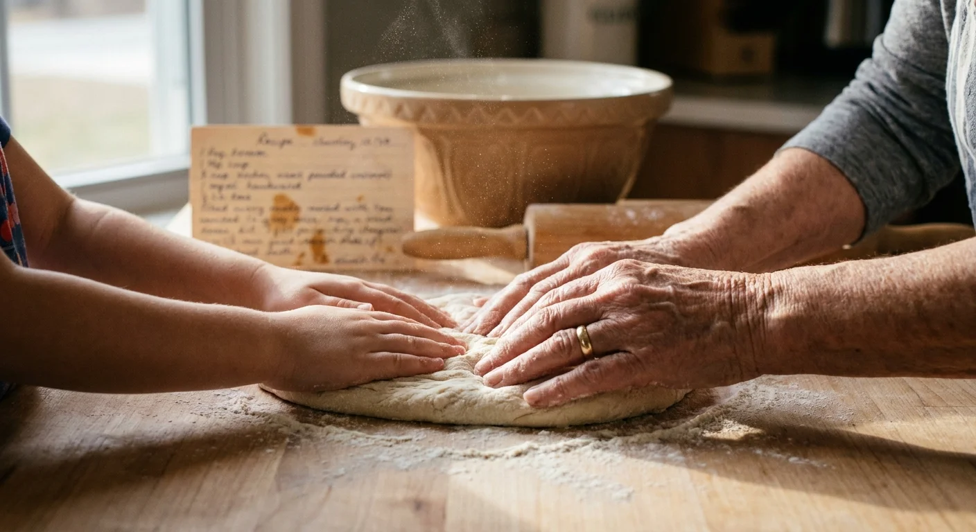 Close-up of a grandmother's hands guiding a child's hands as they knead dough on a flour-covered kitchen counter.