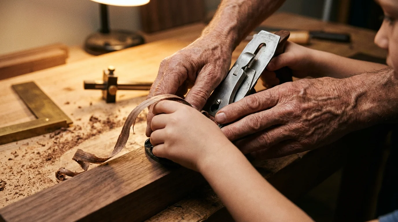 Close-up of a grandparent's hands guiding a child's hands as they use a hand plane on a piece of wood in a workshop.
