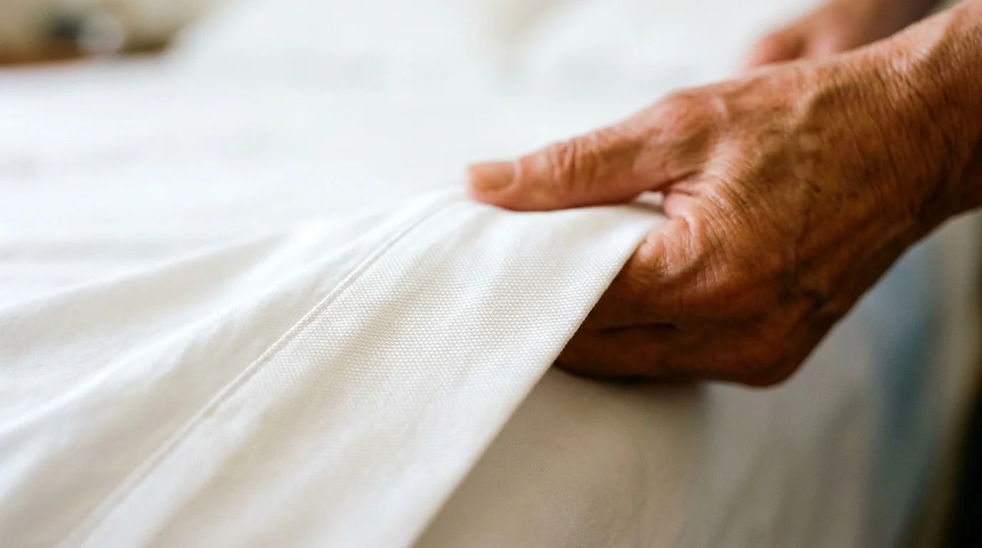 Close-up of a hand smoothing a crisp, white, high-thread-count bedsheet, highlighting the fabric's quality.