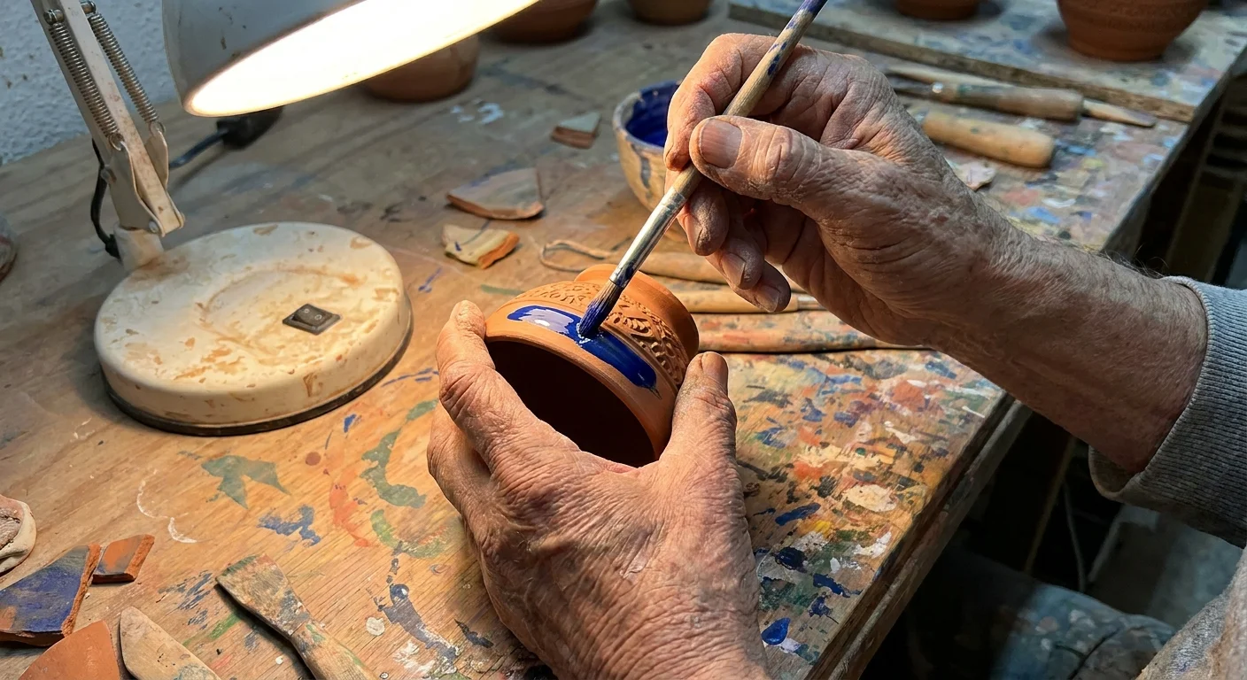Close-up of a person's hands painting a ceramic bowl on a rustic wooden table.