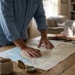 Close-up of a person's hands tracing a route on a map spread across a wooden table with a coffee mug and compass nearby.