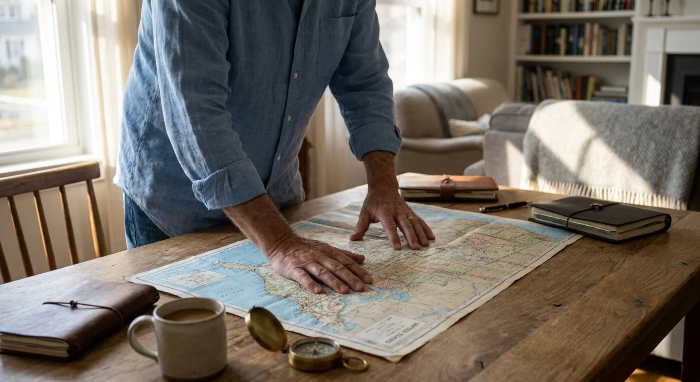 Close-up of a person's hands tracing a route on a map spread across a wooden table with a coffee mug and compass nearby.