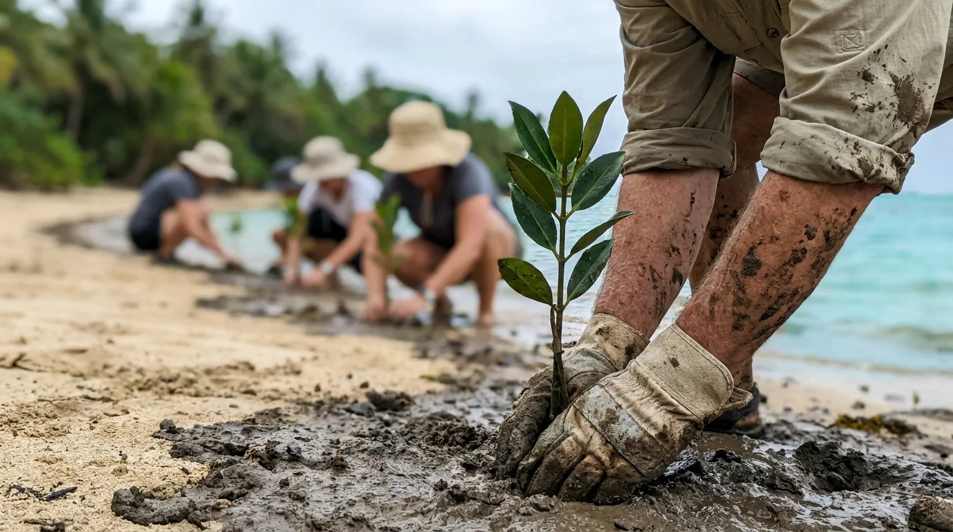 Close-up of a senior traveler's hands planting a tree during a volunteer expedition.