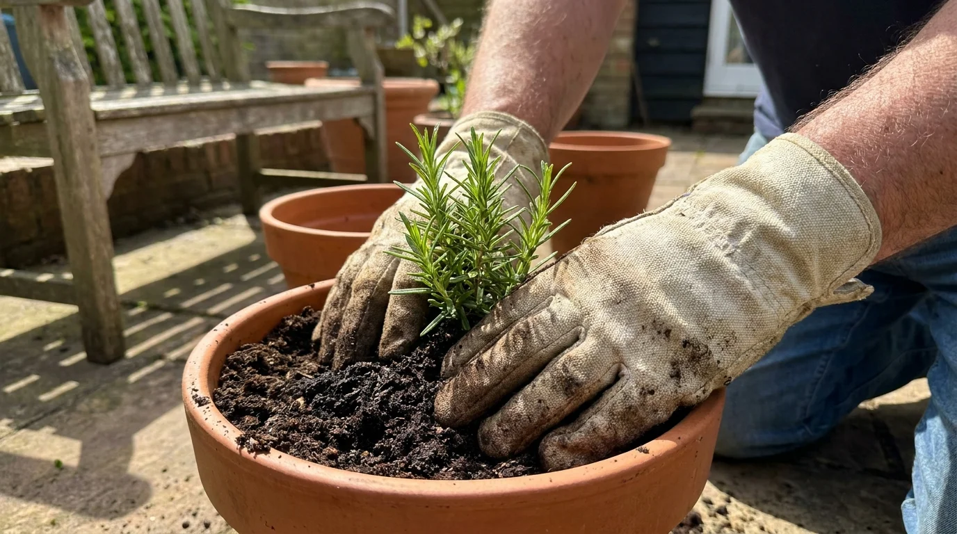 Close-up of a senior's hands gardening in a sunlit backyard, showing the importance of movement for joint health.