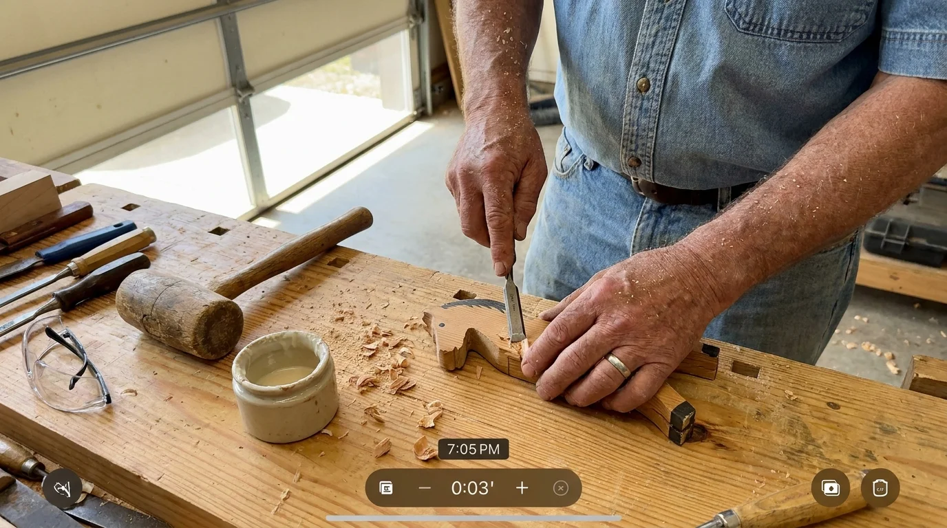 Close-up of a senior's hands working on a woodworking project in a bright home workshop.