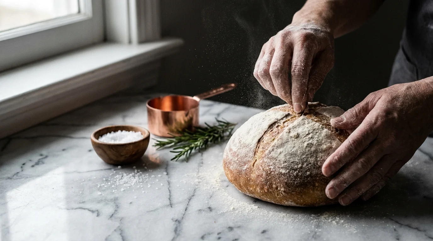 Close-up of flour-dusted hands scoring a loaf of sourdough bread on a marble counter.