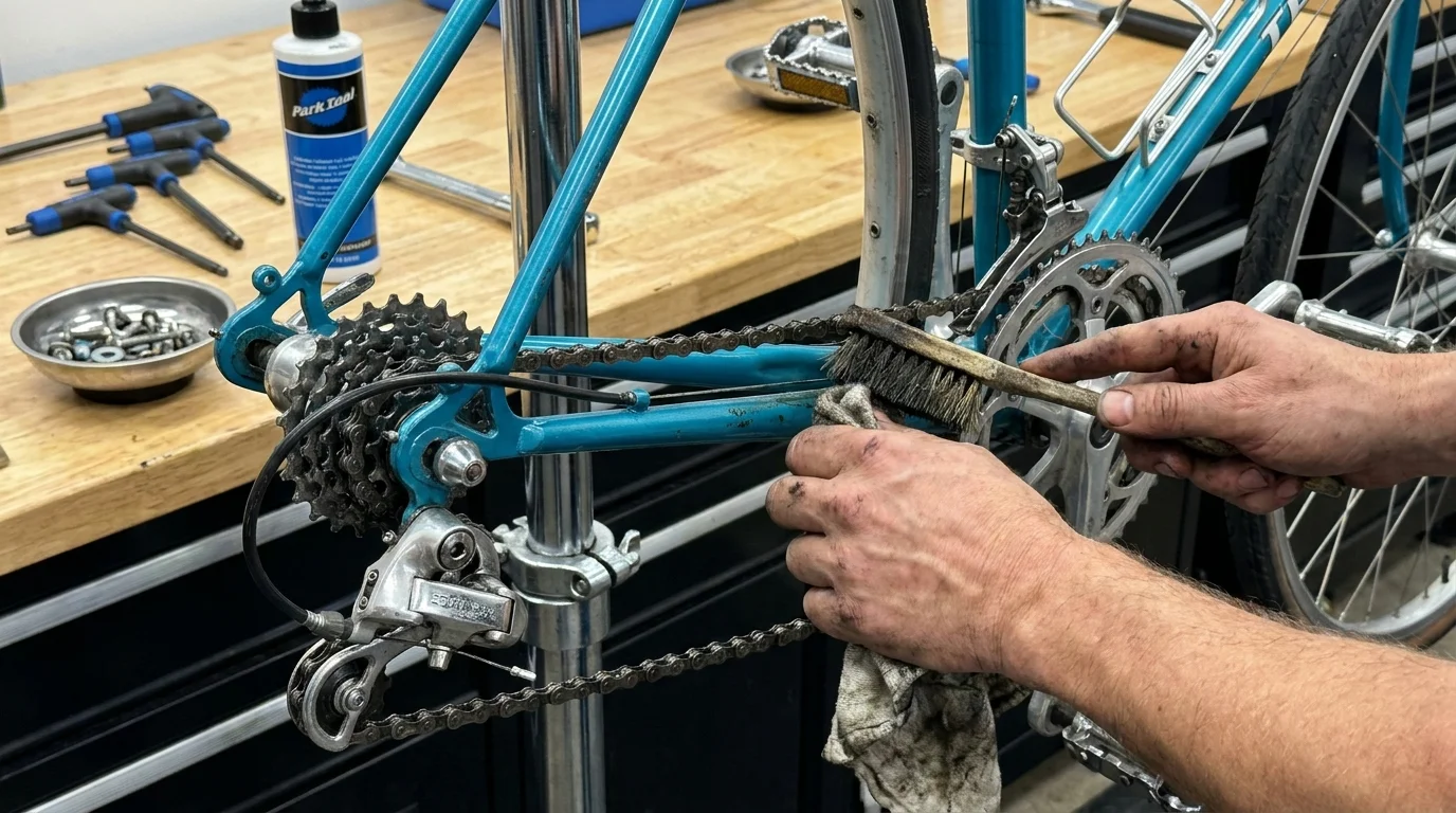 Close-up of greased hands cleaning a vintage bicycle's gears with a brush in a well-equipped home workshop.