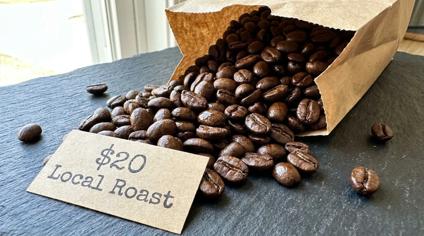 Close-up photo of glossy, dark-roasted coffee beans in a paper bag labeled with a twenty dollar price tag.