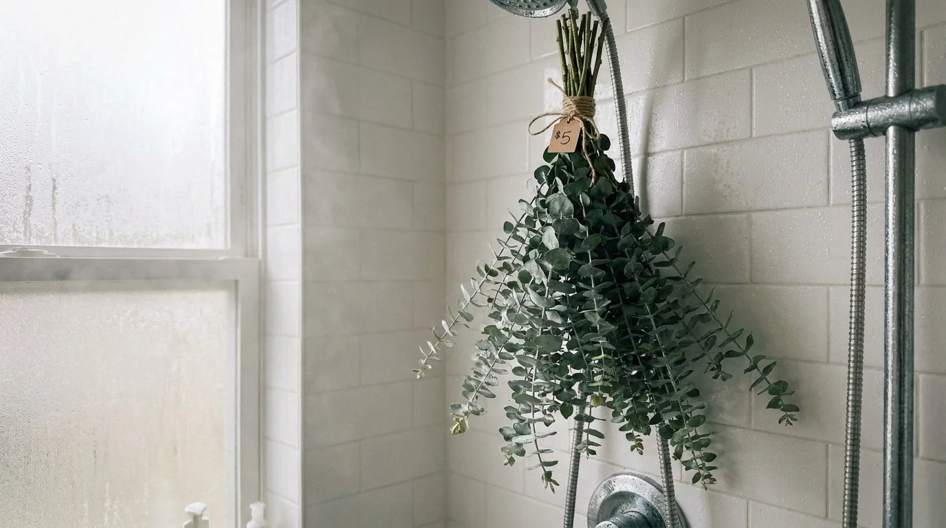 Fresh eucalyptus leaves tied with twine hang in a shower, with steam and condensation visible on the tiles.