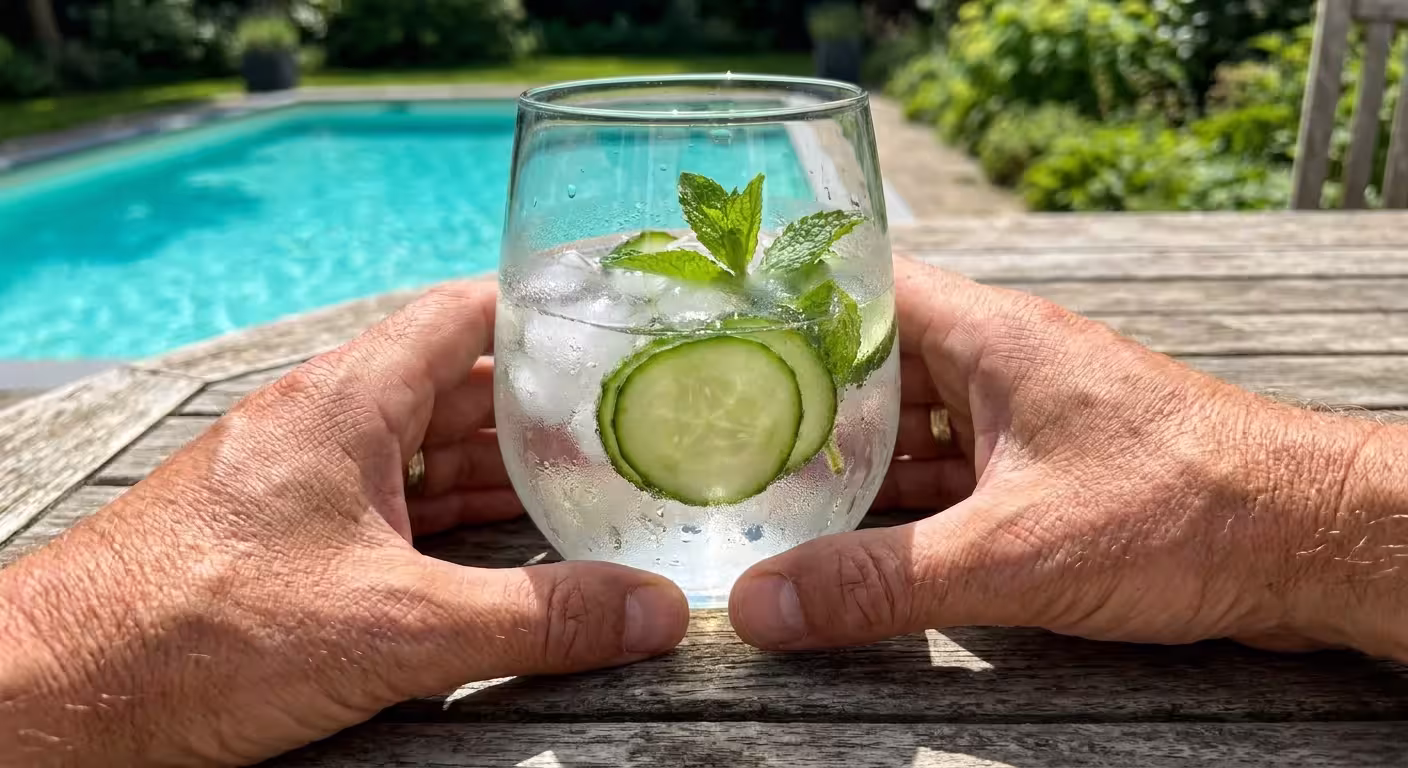 Hands holding a chilled glass of water infused with cucumber and mint, with a pool in the background.