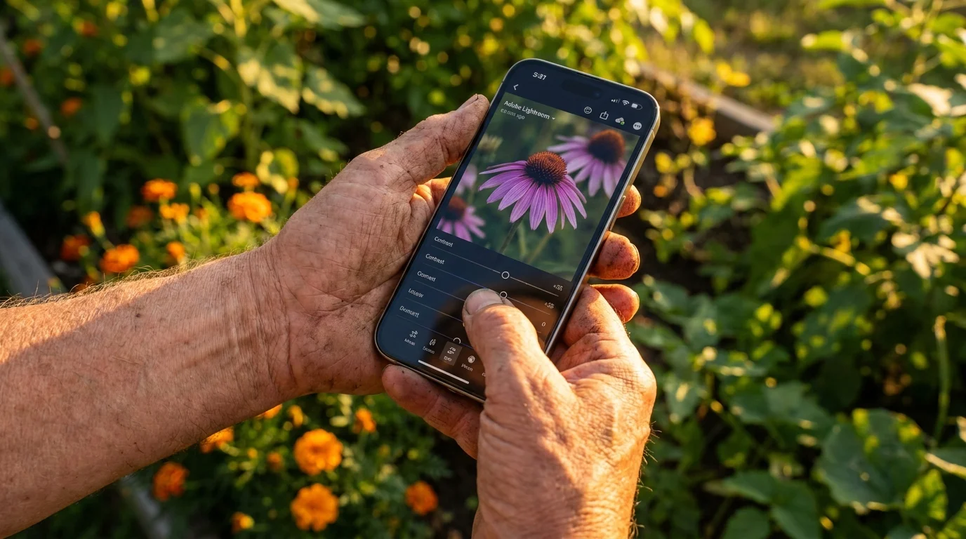 Hands holding a smartphone to edit a flower photo in a garden using a photo editing app interface.