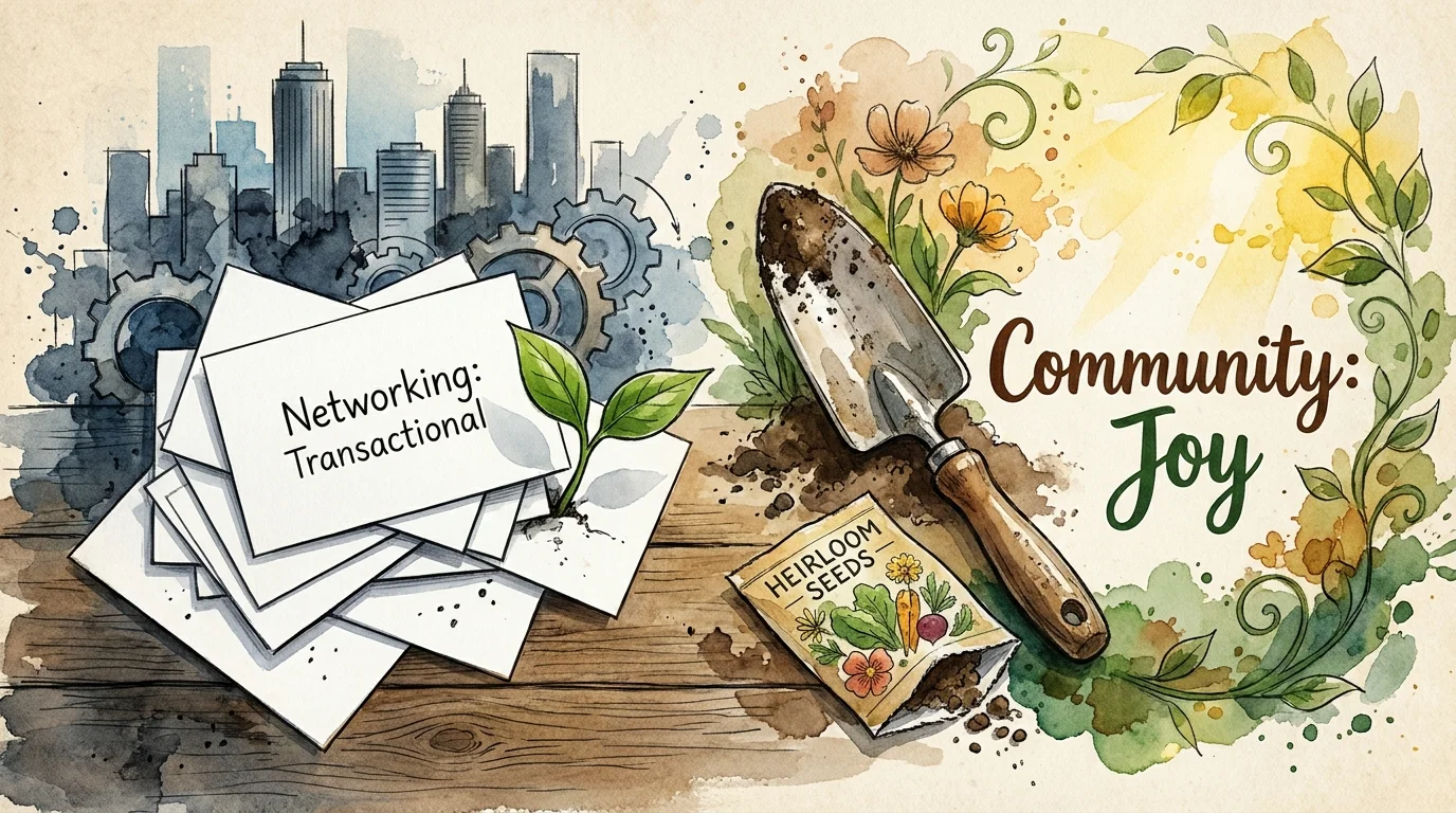 Illustration of business cards being replaced by garden tools and seeds, symbolizing the move from professional networking to community joy.