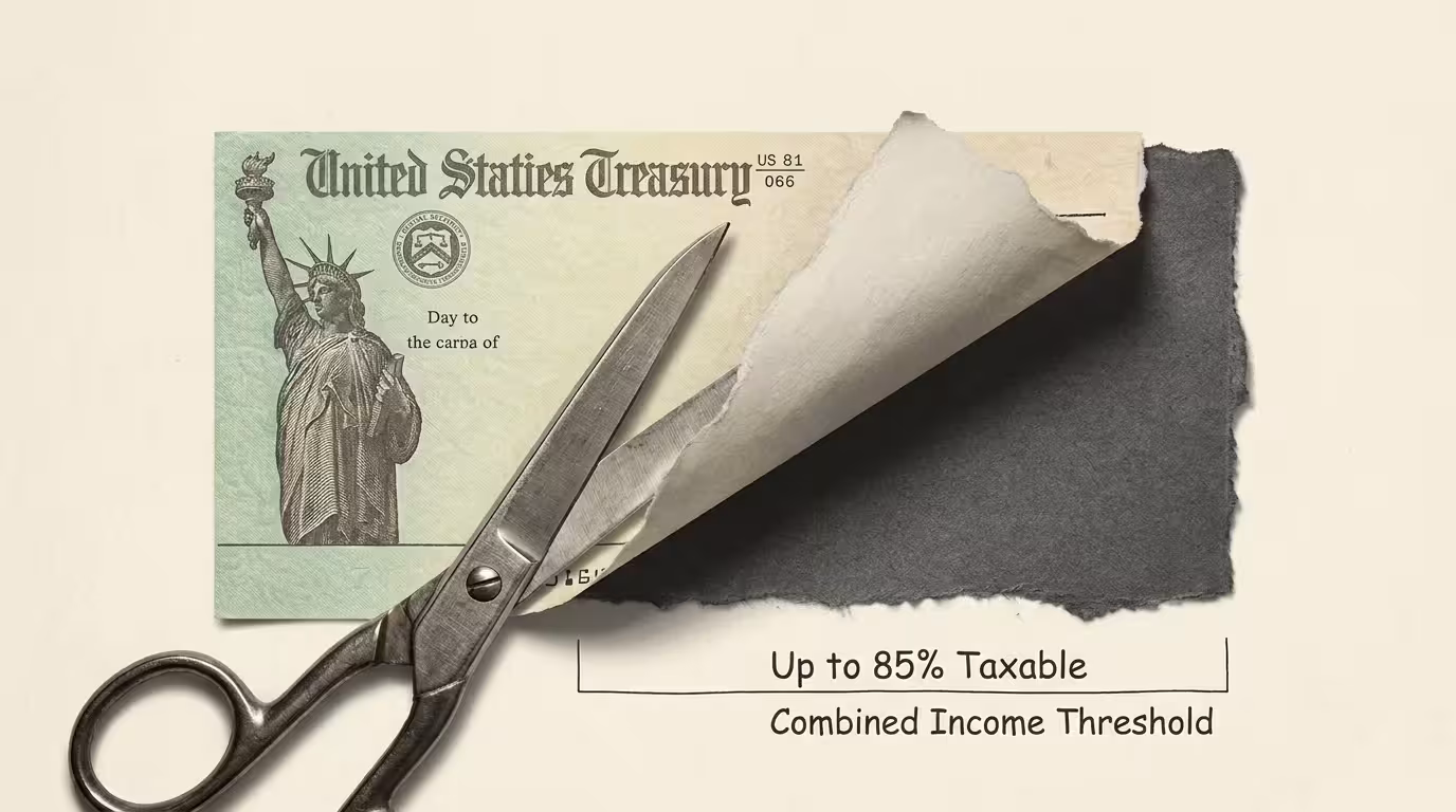 Mixed media art showing a Social Security check with a portion cut away and a label reading Up to 85% Taxable.
