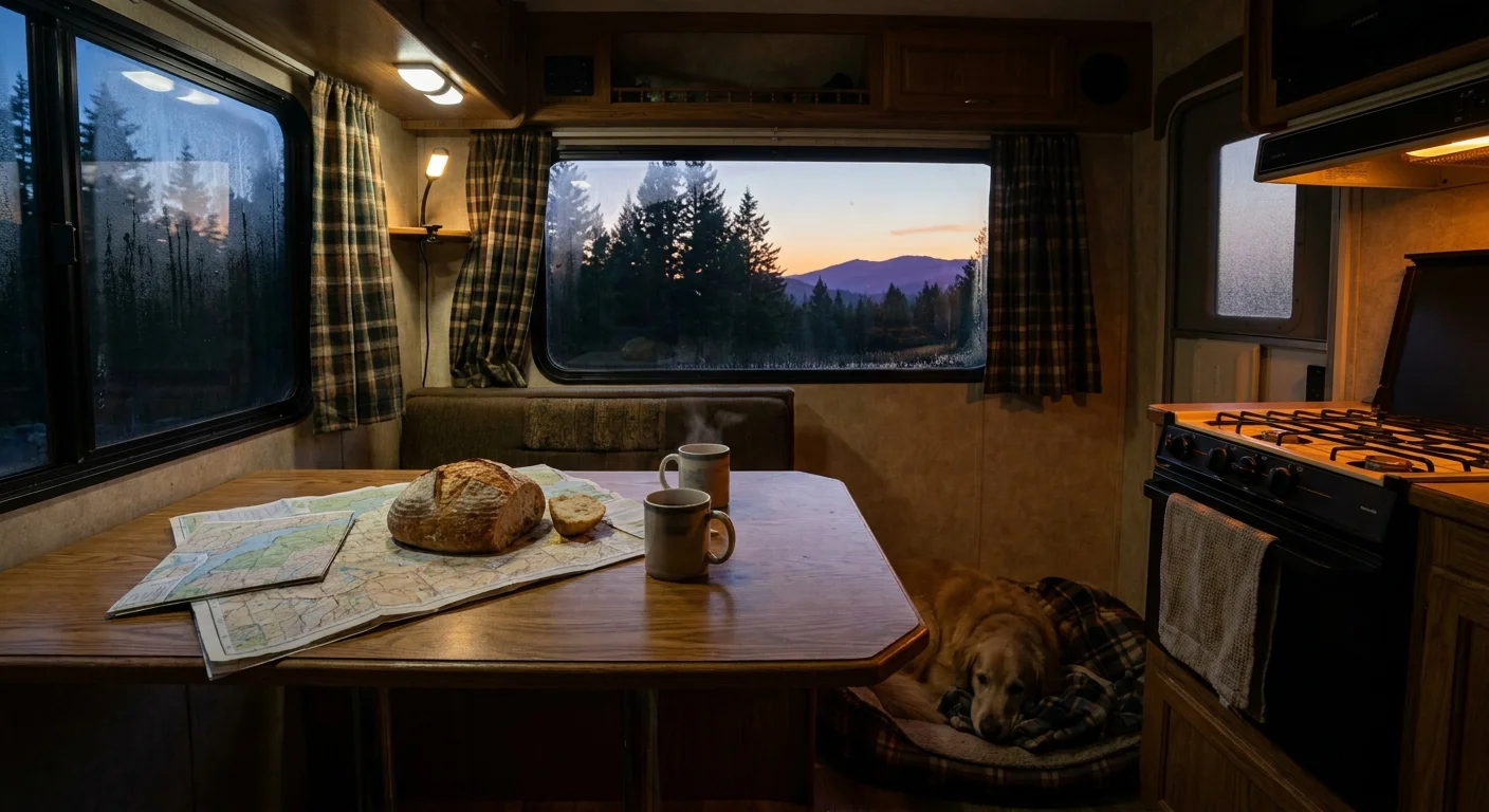 The cozy interior of an RV at dusk, with maps and coffee on the table and a view of mountains through the window.