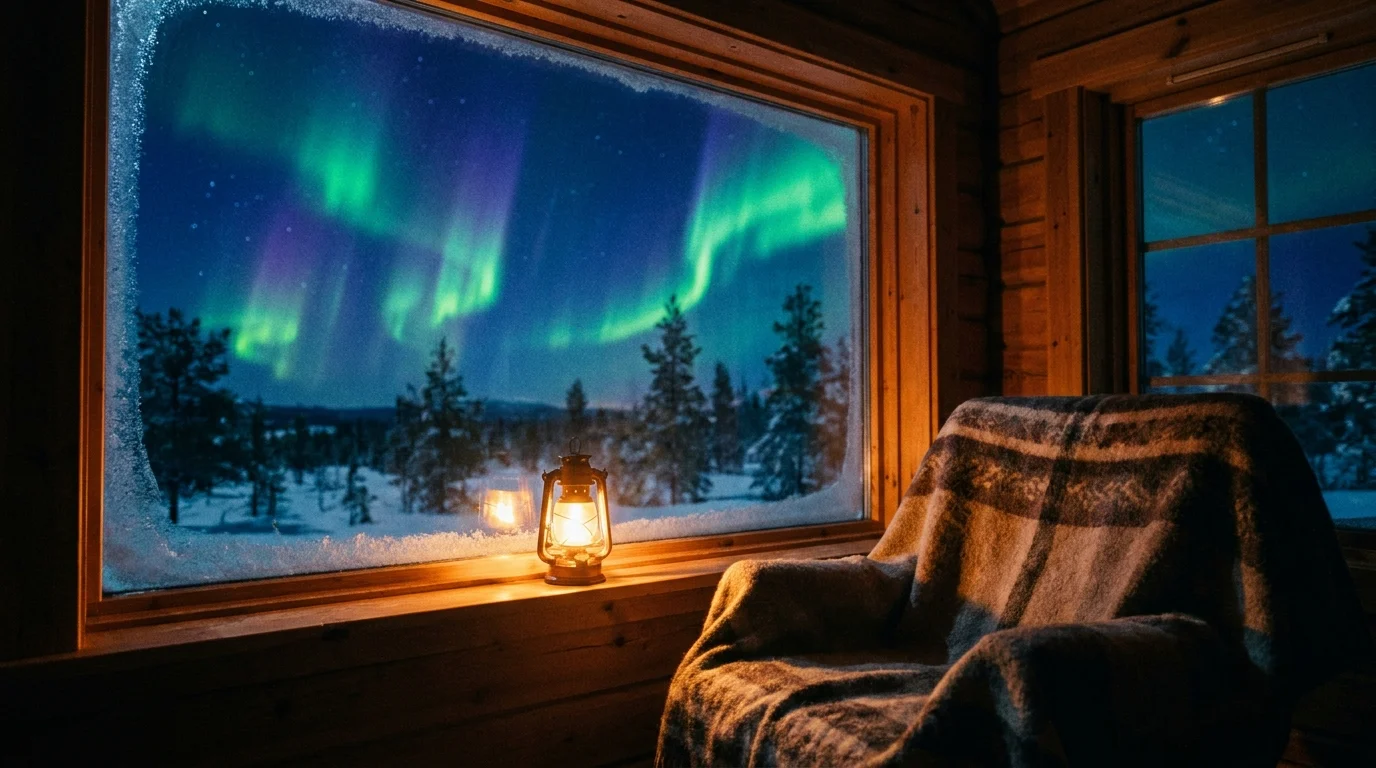 The Northern Lights dancing in a dark sky as seen through a cabin window.