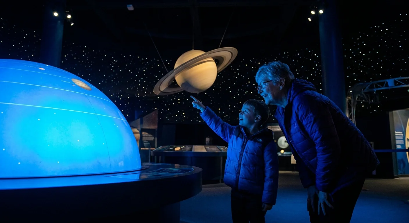 The silhouette of a grandmother and grandson looking at a glowing solar system exhibit in a dark museum.