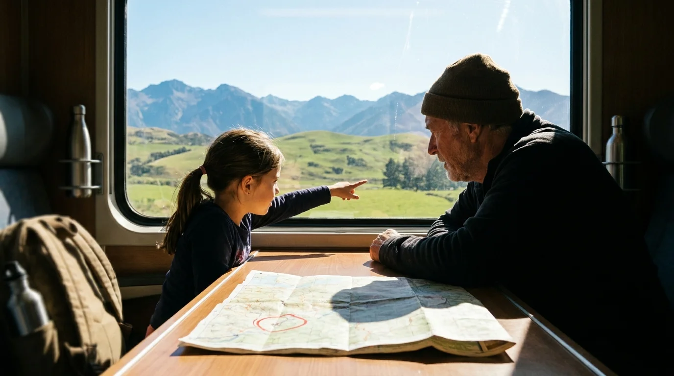 The silhouettes of a grandfather and granddaughter looking out a train window at a mountain landscape, with a map on the table between them.