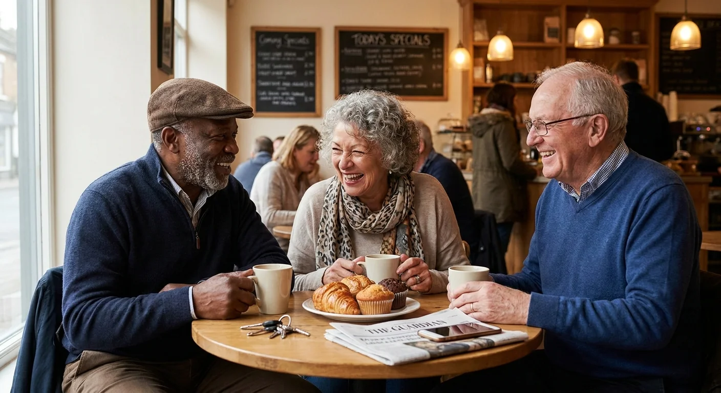 Three senior friends laughing together over coffee at a local cafe table with soft window lighting.