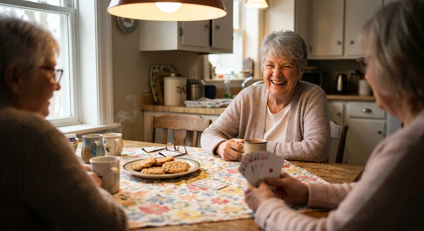 Two senior friends laughing together while playing cards and drinking coffee at a kitchen table.